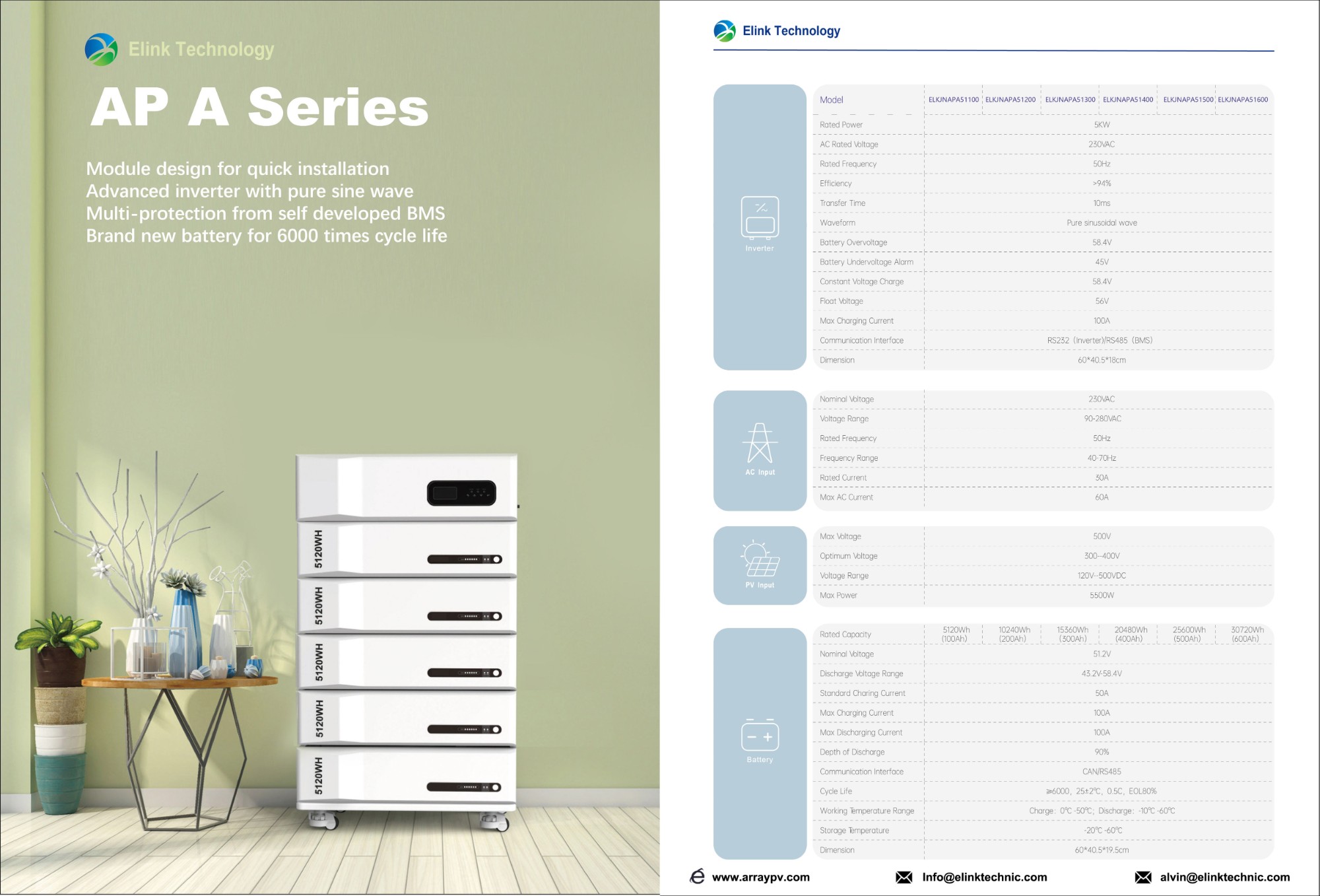 APA 25.6kwh 51.2V 500Ah Stacked Energy Storage