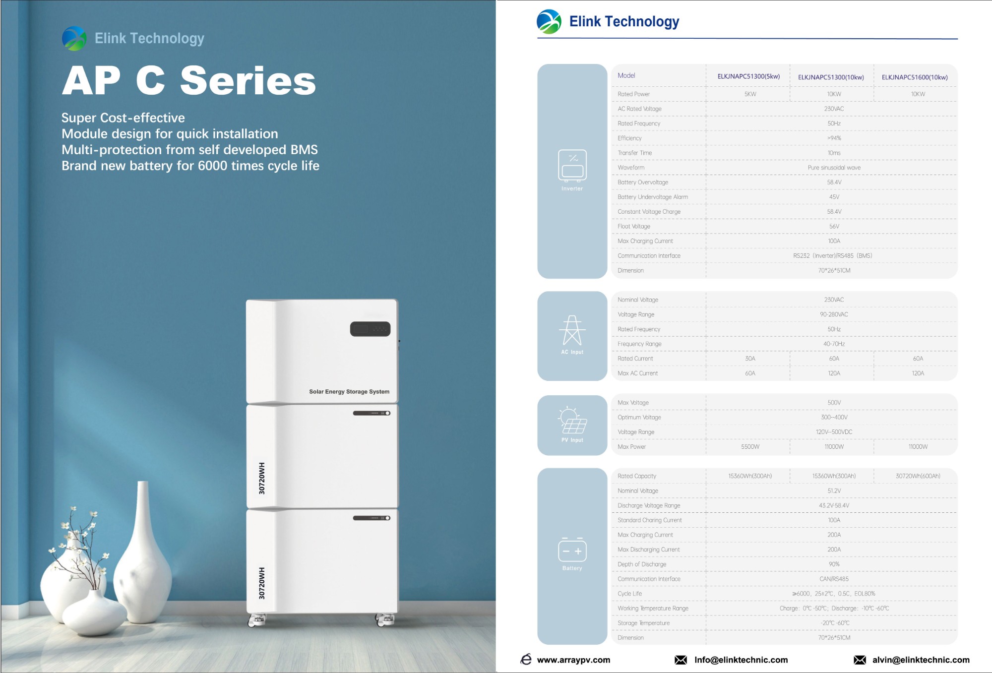 APC 15.36kwh(10kw) 51.2V 600Ah Stacked Energy Storage