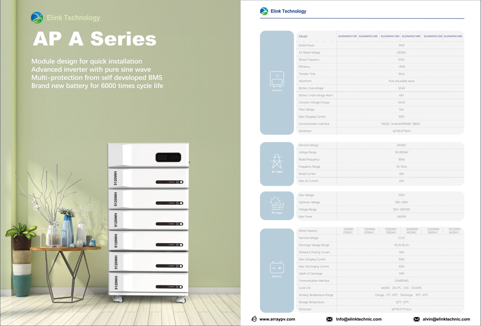 APA 30.72kwh 51.2V 600Ah Stacked Energy Storage